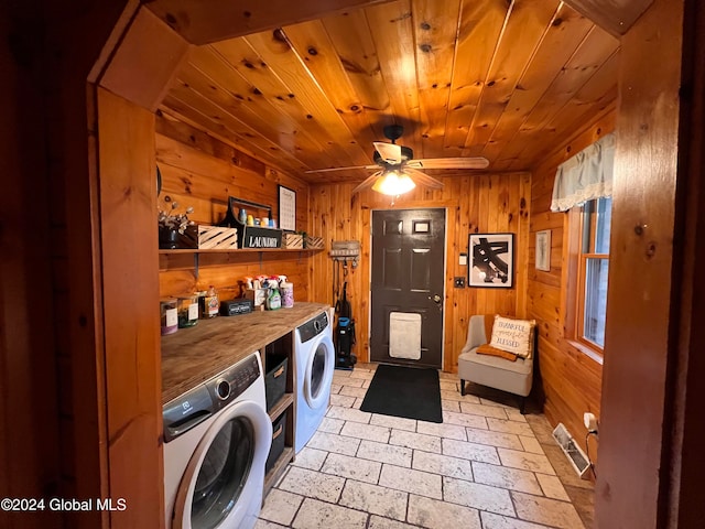 washroom with wood ceiling, wooden walls, washer / dryer, and ceiling fan