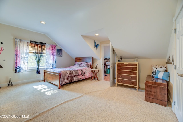 carpeted bedroom featuring lofted ceiling, baseboards, and recessed lighting