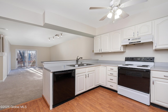 kitchen with kitchen peninsula, white cabinets, sink, electric stove, and dishwasher