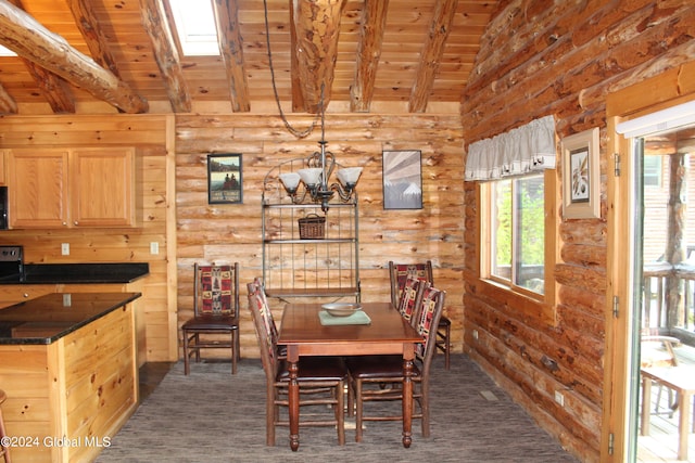 dining room with wooden ceiling, lofted ceiling with skylight, dark hardwood / wood-style floors, and rustic walls