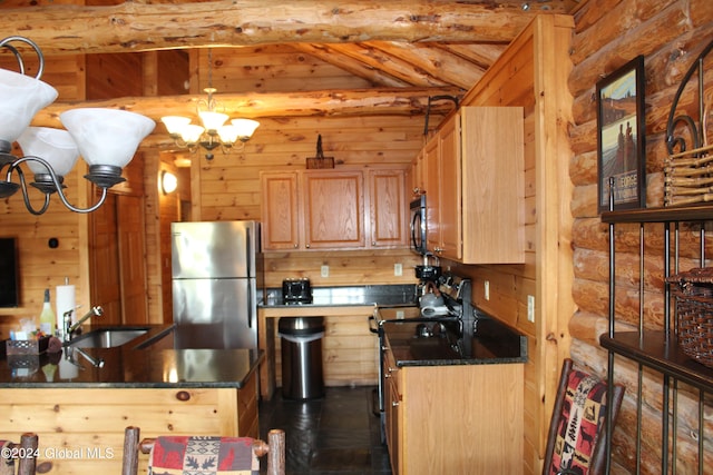 kitchen featuring vaulted ceiling with beams, light brown cabinets, sink, black appliances, and an inviting chandelier