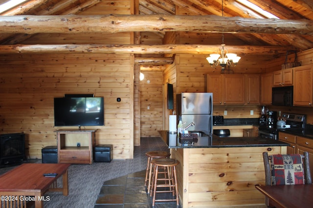 kitchen with a notable chandelier, stainless steel appliances, wooden walls, and wood ceiling