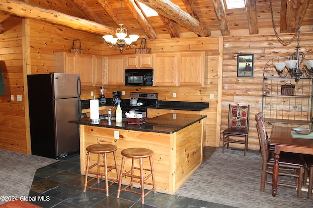 kitchen featuring light brown cabinets, a notable chandelier, appliances with stainless steel finishes, and wooden ceiling