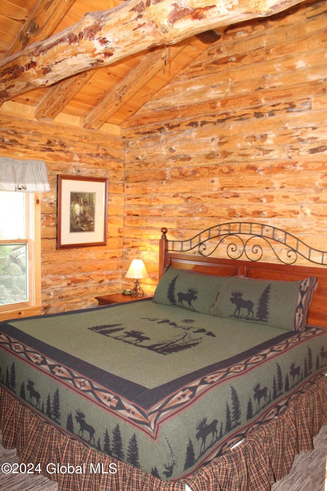 bedroom with wood ceiling, lofted ceiling with beams, and log walls