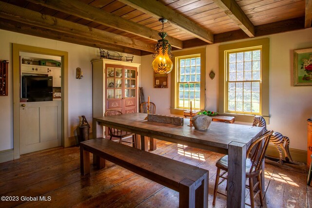 dining area with wooden ceiling, wood-type flooring, and beamed ceiling