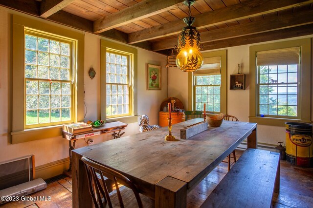 dining area with wood ceiling, a wealth of natural light, beamed ceiling, and dark hardwood / wood-style flooring