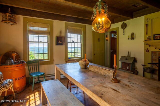 dining space with beamed ceiling and wood ceiling