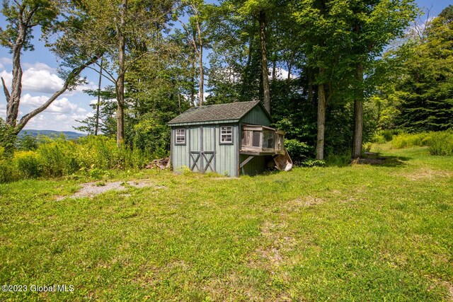 view of yard featuring a shed