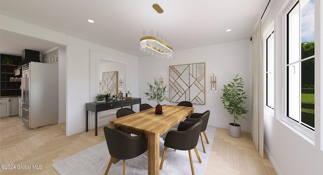 dining space with light parquet flooring