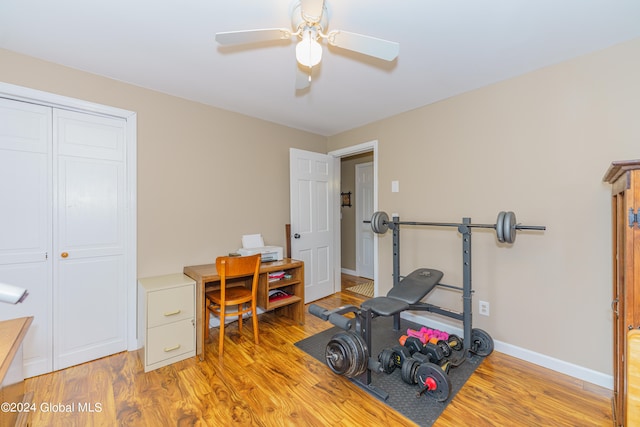 exercise room with light hardwood / wood-style floors and ceiling fan