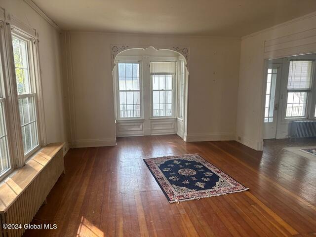 unfurnished room featuring ornamental molding, dark hardwood / wood-style flooring, radiator heating unit, and a wealth of natural light