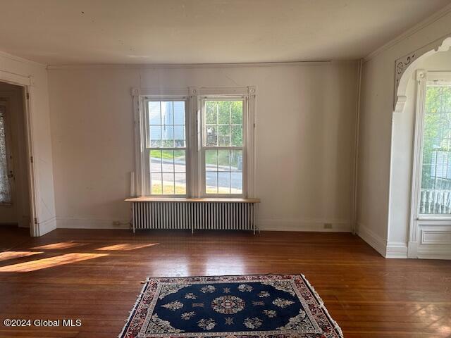 interior space featuring crown molding, a healthy amount of sunlight, radiator, and dark wood-type flooring