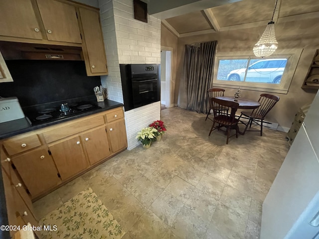 kitchen with a notable chandelier, black appliances, lofted ceiling with beams, tasteful backsplash, and decorative light fixtures