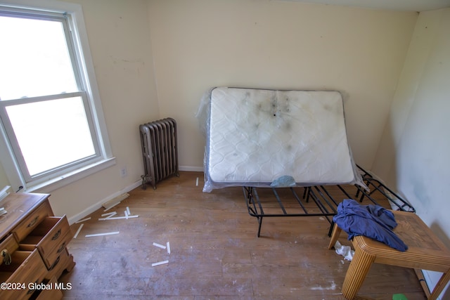 interior space featuring radiator and light hardwood / wood-style flooring