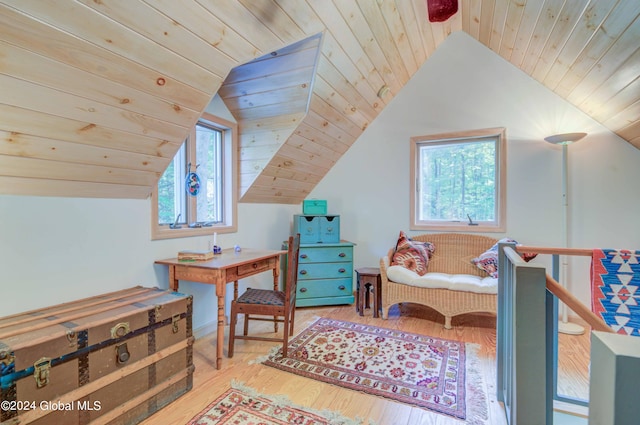 bedroom with wood ceiling, lofted ceiling, and hardwood / wood-style flooring