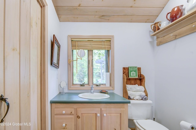 bathroom featuring wooden ceiling, vanity, and toilet