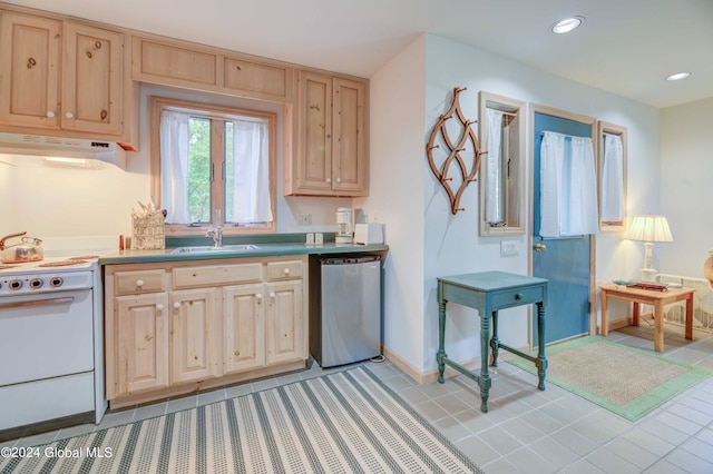 kitchen with light brown cabinetry, dishwasher, and white range oven