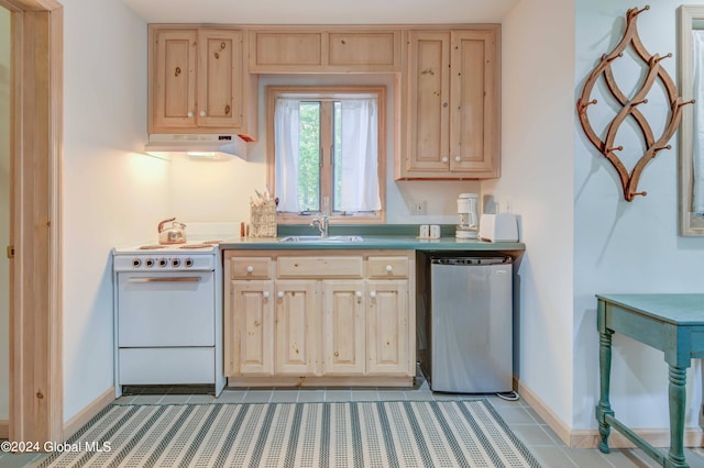 kitchen featuring white range, light tile patterned flooring, sink, light brown cabinets, and stainless steel dishwasher