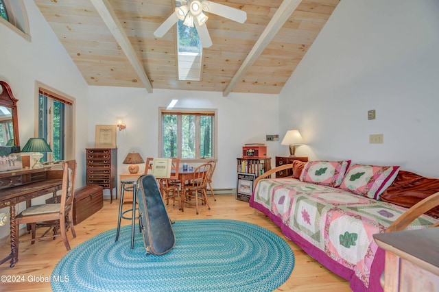 living room with light wood-type flooring, a healthy amount of sunlight, and beam ceiling