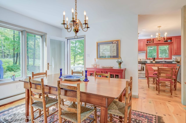 dining space featuring light wood-type flooring, a chandelier, plenty of natural light, and sink