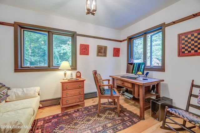 office area featuring light hardwood / wood-style floors, a baseboard heating unit, and plenty of natural light