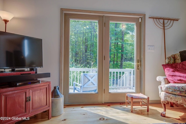 doorway to outside with light wood-type flooring