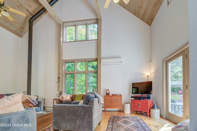 living room with wooden ceiling, plenty of natural light, ceiling fan, and high vaulted ceiling