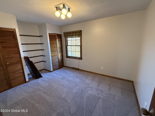 25 Kling Ter, Voorheesville, NY 12186 - unfurnished bedroom with carpet, baseboards, a textured ceiling, and two closets
