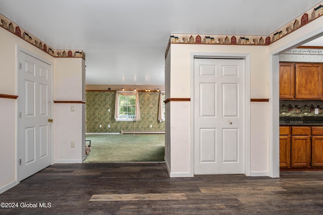 kitchen featuring backsplash, dark hardwood / wood-style flooring, and a baseboard radiator