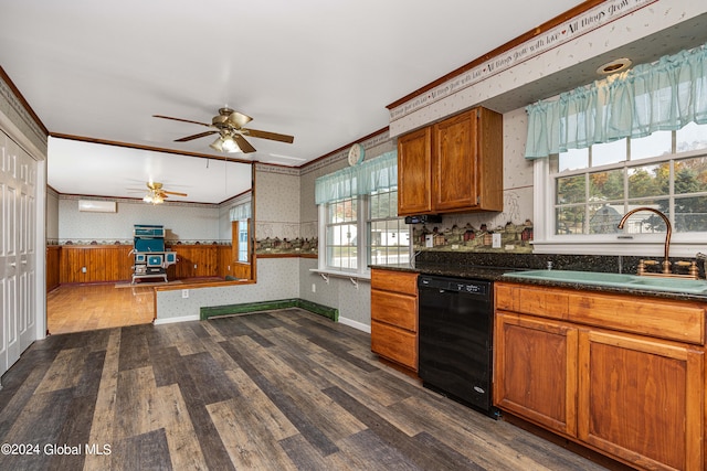 kitchen with ornamental molding, dark wood-type flooring, sink, dishwasher, and plenty of natural light