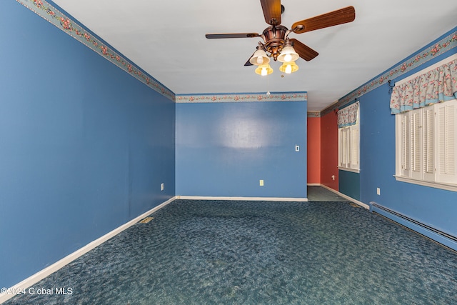 unfurnished room featuring carpet flooring, ceiling fan, and a baseboard heating unit