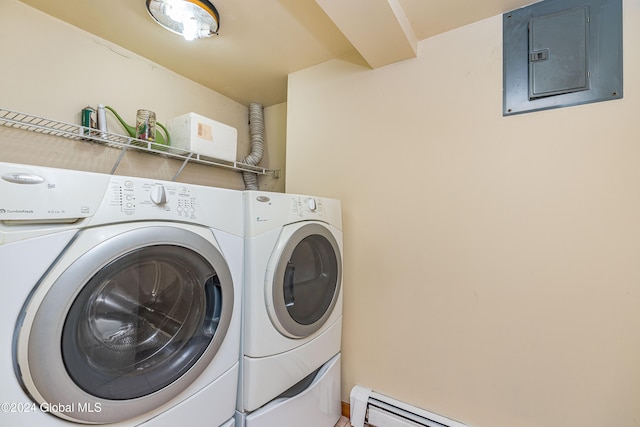 laundry room with washing machine and dryer, electric panel, and a baseboard radiator