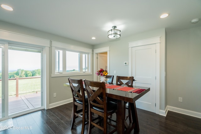 dining space with dark hardwood / wood-style flooring