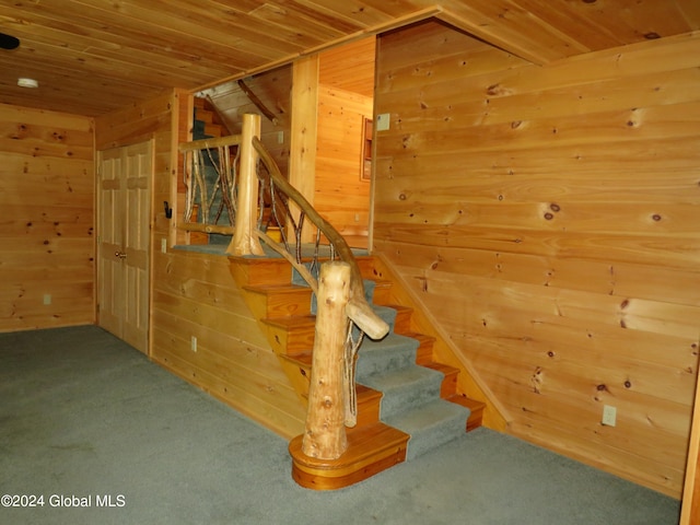 stairway featuring wood ceiling, wood walls, and carpet flooring