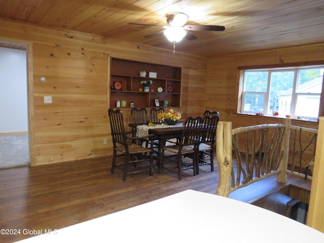 dining area featuring wooden ceiling, wooden walls, dark hardwood / wood-style floors, and ceiling fan