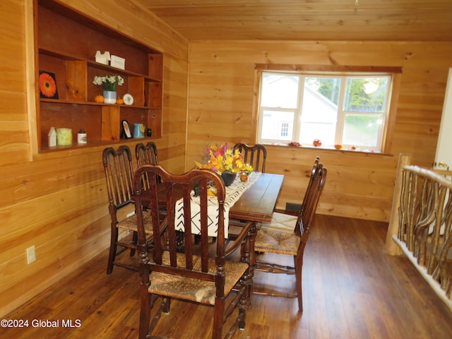 dining room featuring wood-type flooring, wooden walls, and wooden ceiling