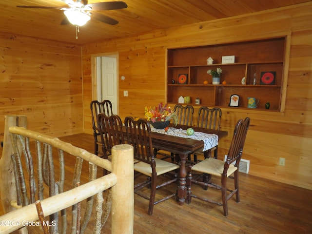 dining space featuring ceiling fan, built in features, wood-type flooring, wooden walls, and wooden ceiling