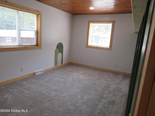 spare room with carpet floors, wood ceiling, and a wealth of natural light