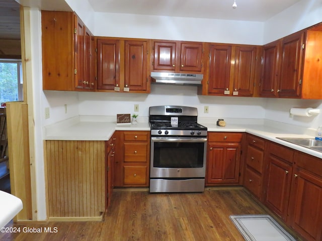 kitchen with sink, stainless steel gas range, and dark hardwood / wood-style flooring