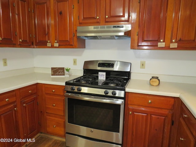 kitchen featuring stainless steel gas range and dark hardwood / wood-style flooring