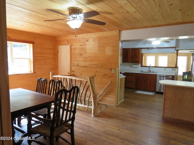 dining area featuring wooden ceiling, wood walls, dark wood-type flooring, and ceiling fan