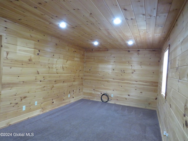 carpeted spare room with wooden walls and wood ceiling