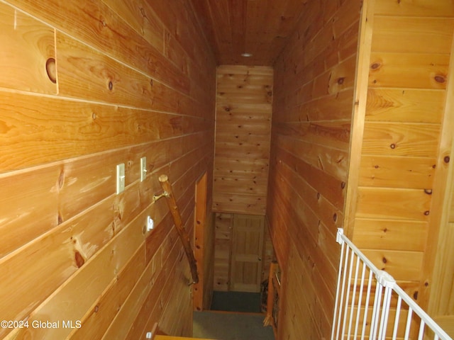 staircase with wood ceiling and wood walls