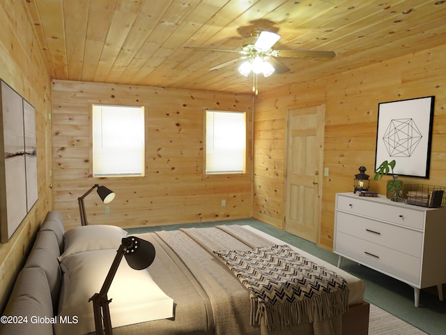 carpeted bedroom with wooden ceiling and wooden walls