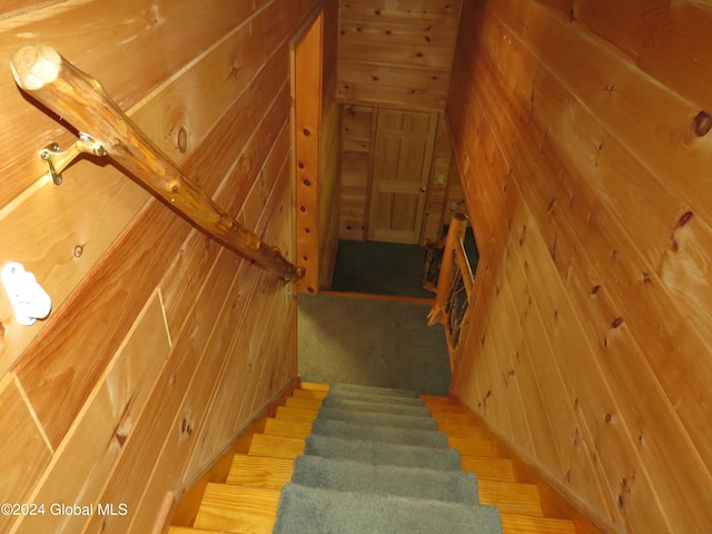 stairway featuring carpet flooring and wood walls