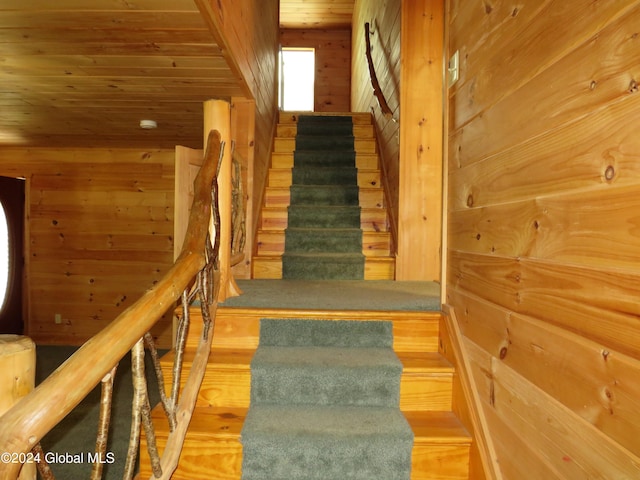 staircase with wood-type flooring and wooden walls