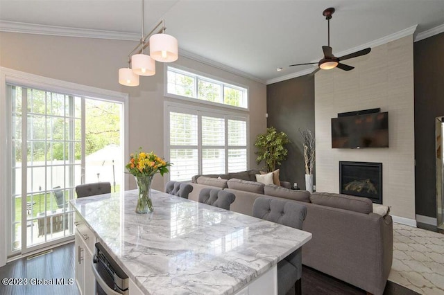 dining space with dark hardwood / wood-style floors, vaulted ceiling, ornamental molding, a large fireplace, and ceiling fan