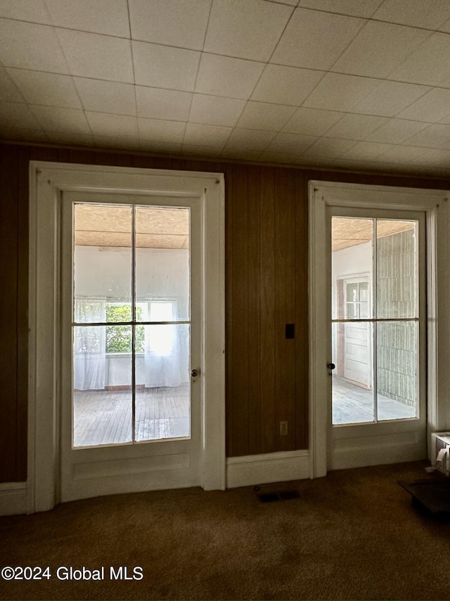 doorway featuring carpet floors and wood walls