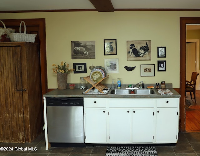 kitchen featuring dishwasher, dark hardwood / wood-style flooring, sink, and white cabinets