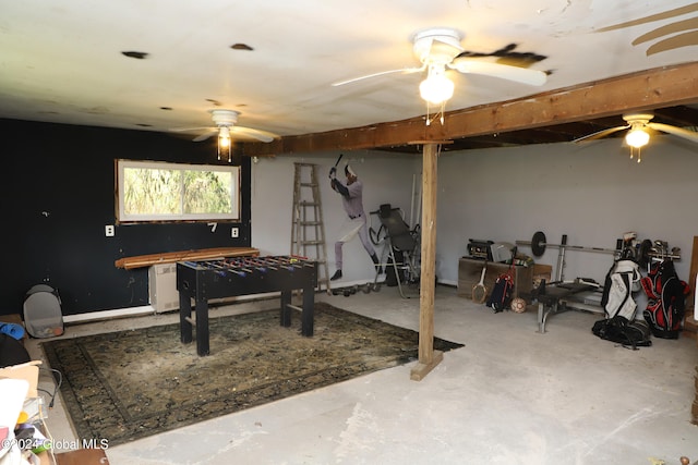 recreation room featuring ceiling fan and concrete floors